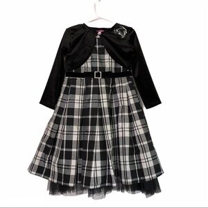 Girls Plaid Black/white fit flare Dress & cardigan Size 4